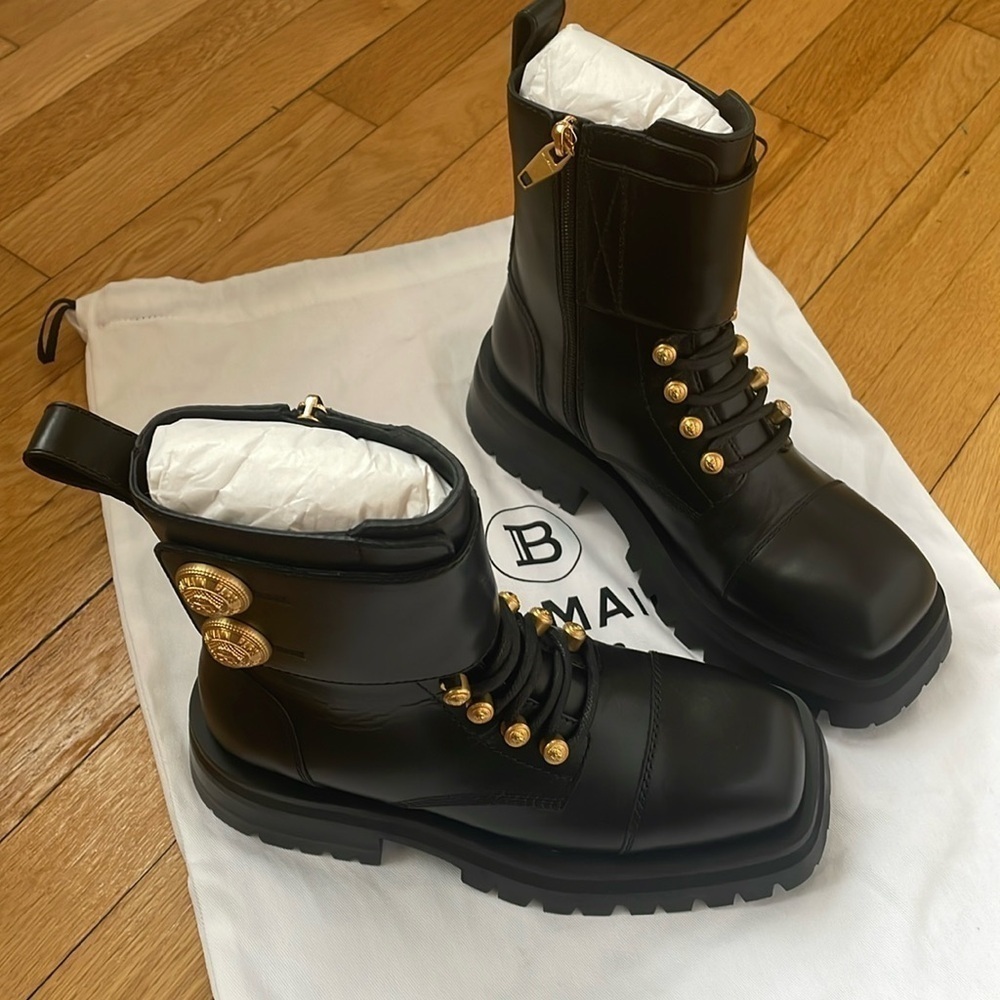 NWT Balmain Paris Ranger Army ankle boots black leather golden hardware - 36 - Picture 7 of 9